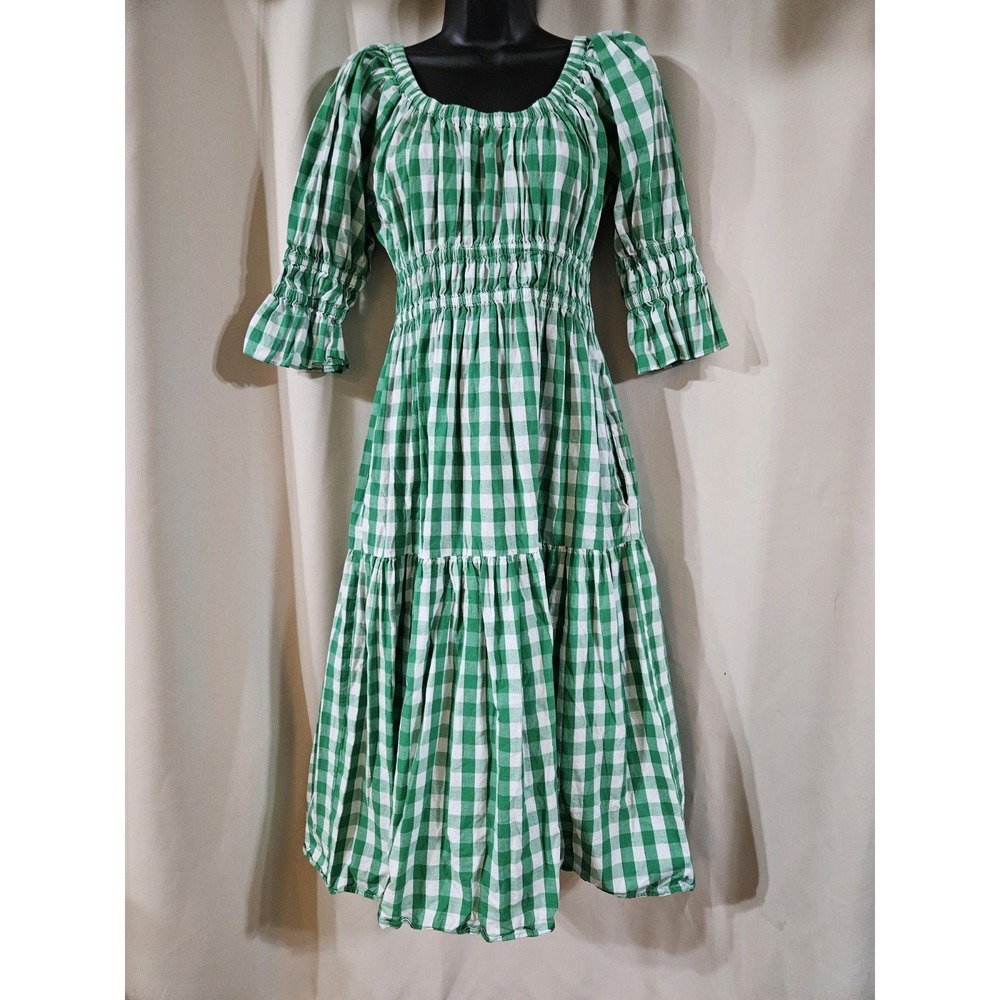 KITRI Margot Green‎ White Gingham Check Midi Dress Smocked Puff Sleeve Womens 6